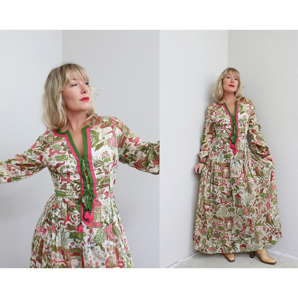 1970's Vintage Aananda Indian Horse & Rider Cotton Maxi Dress ~ Women's XS SM